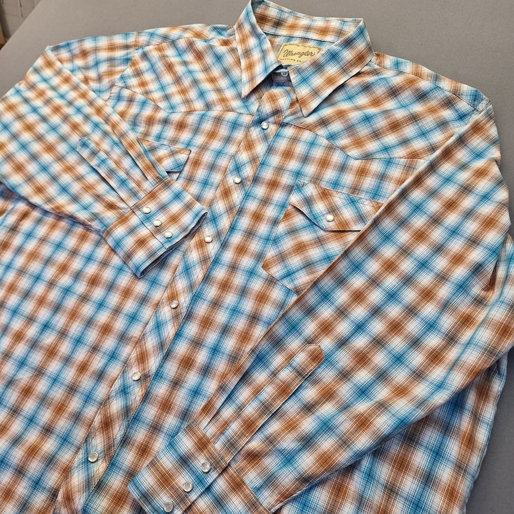 Wrangler Mens Blue Brown Plaid Pearl Snap Western Shirt 2XL 112325186